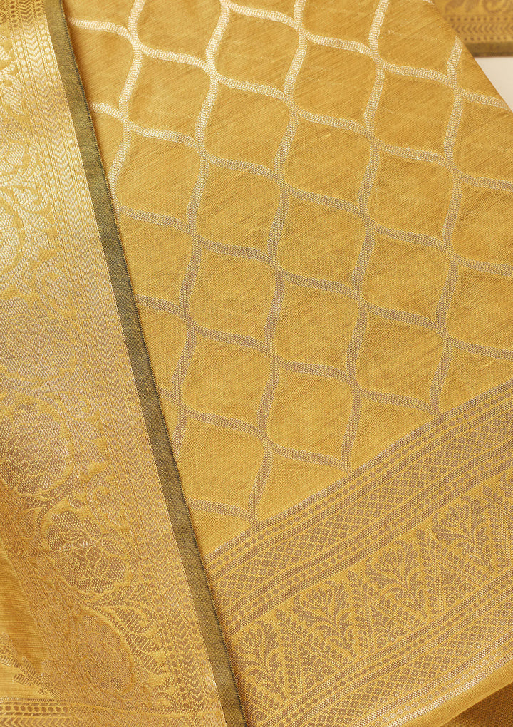 Lime Green Silk Gold Zariwork Unstitched Dress Material With Matching Bottom And Dupatta