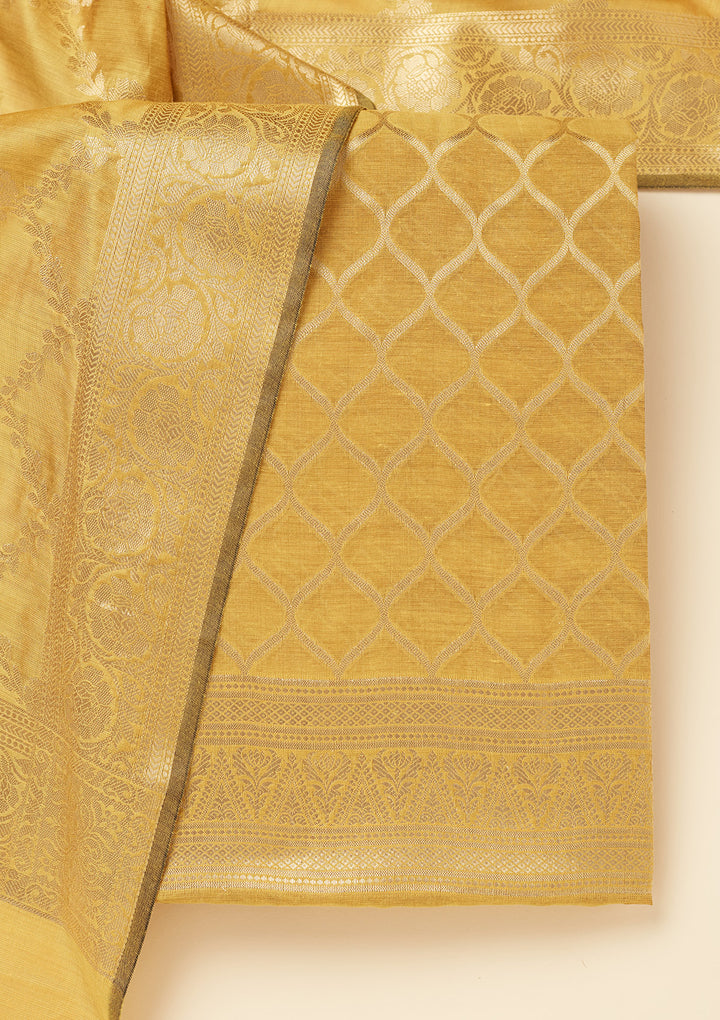 Lime Green Silk Gold Zariwork Unstitched Dress Material With Matching Bottom And Dupatta