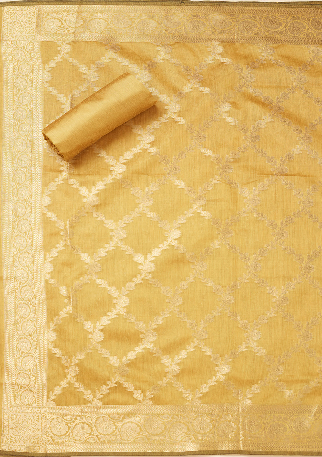 Lime Green Silk Gold Zariwork Unstitched Dress Material With Matching Bottom And Dupatta
