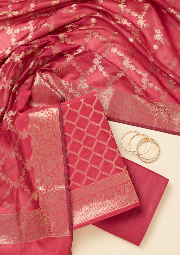 Magenta Pink Silk Gold Zariwork Unstitched Dress Material With Matching Bottom And Dupatta