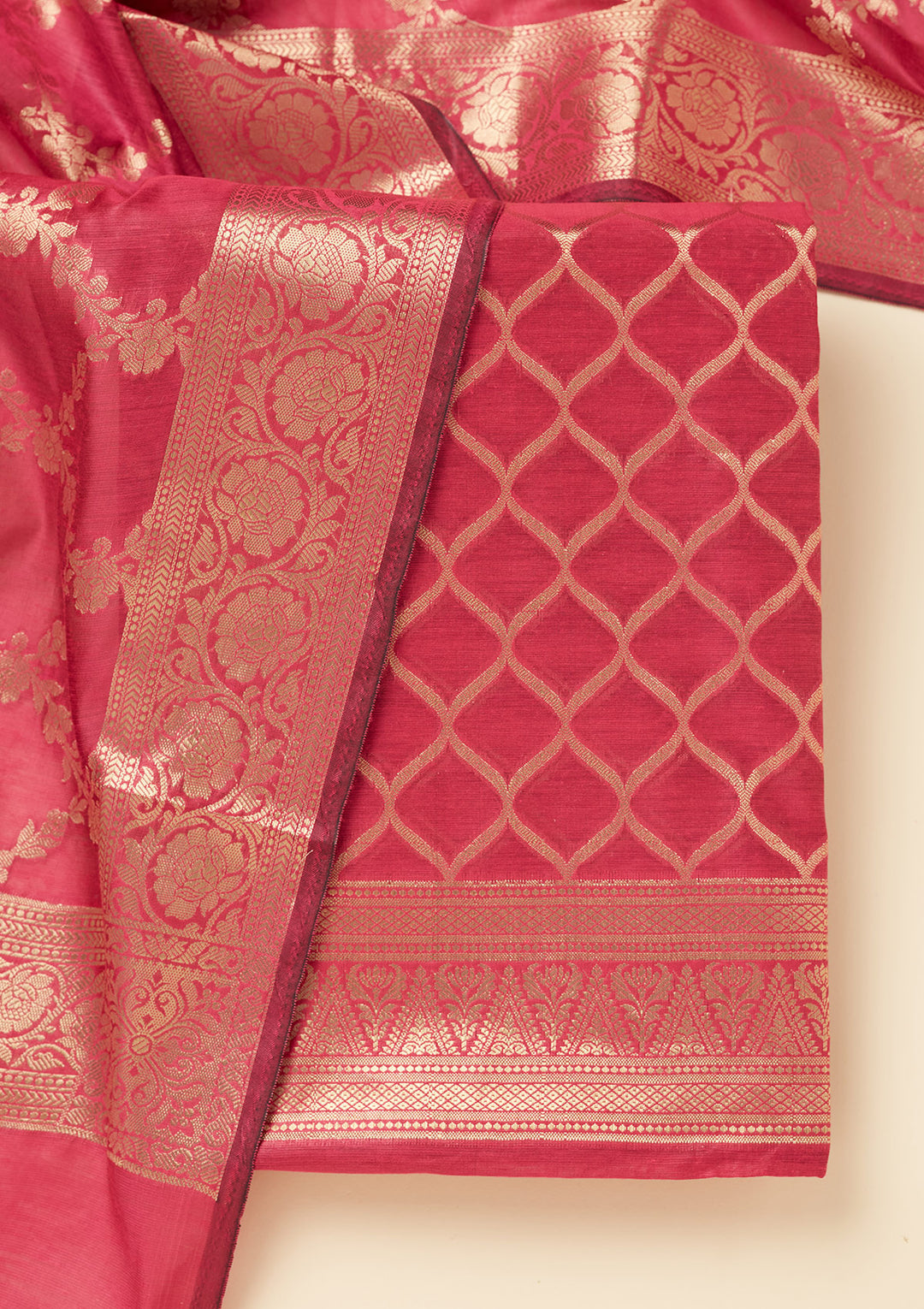 Magenta Pink Silk Gold Zariwork Unstitched Dress Material With Matching Bottom And Dupatta