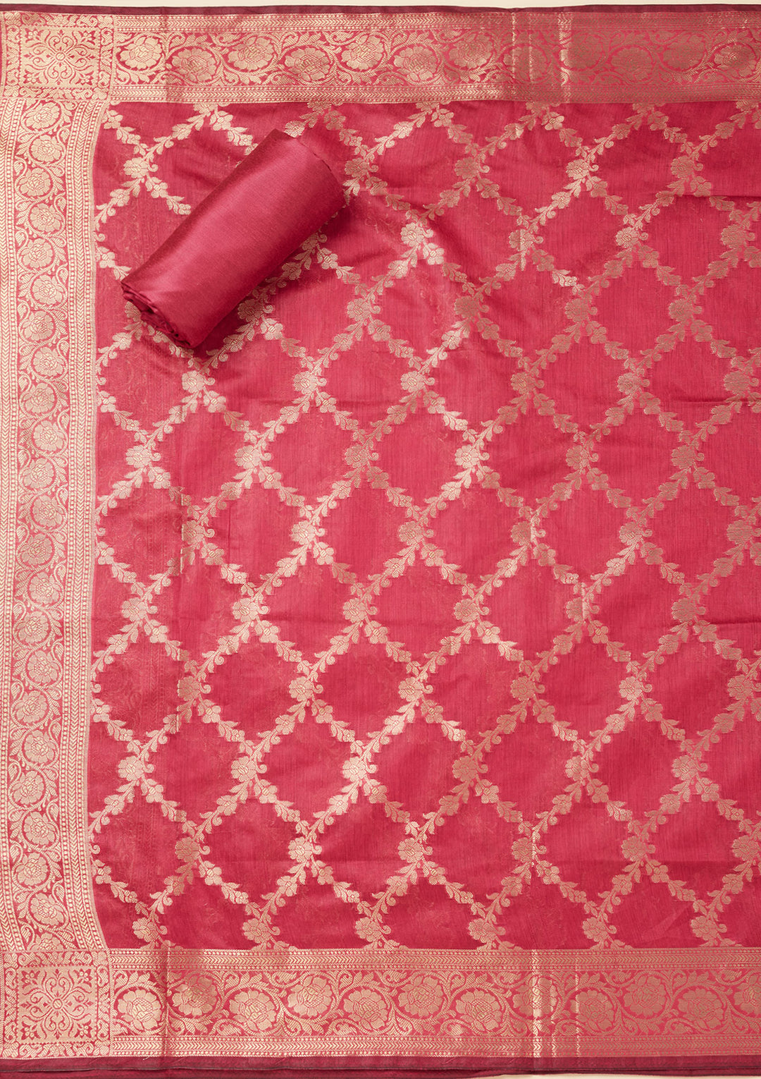 Magenta Pink Silk Gold Zariwork Unstitched Dress Material With Matching Bottom And Dupatta