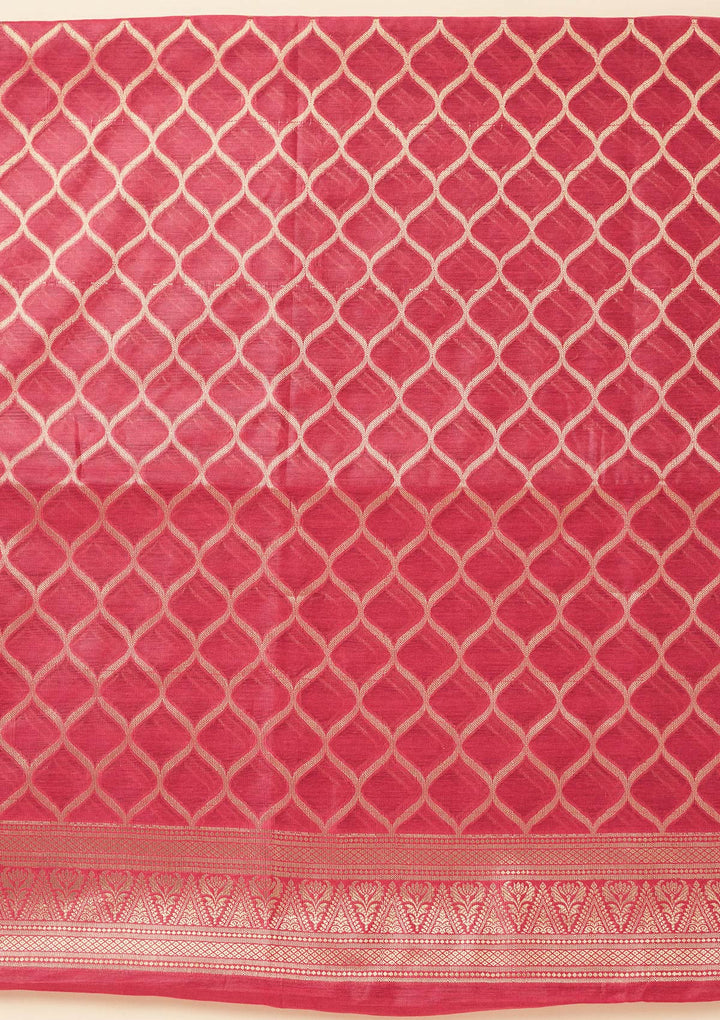 Magenta Pink Silk Gold Zariwork Unstitched Dress Material With Matching Bottom And Dupatta