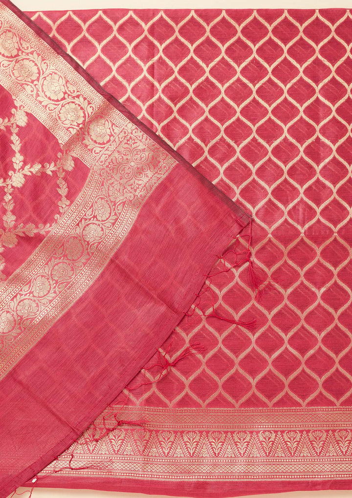 Magenta Pink Silk Gold Zariwork Unstitched Dress Material With Matching Bottom And Dupatta