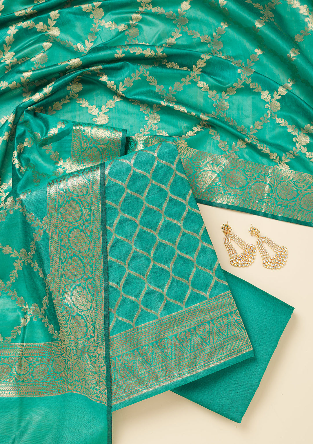 Rama Green Silk Gold Zariwork Unstitched Dress Material With Matching Bottom And Dupatta