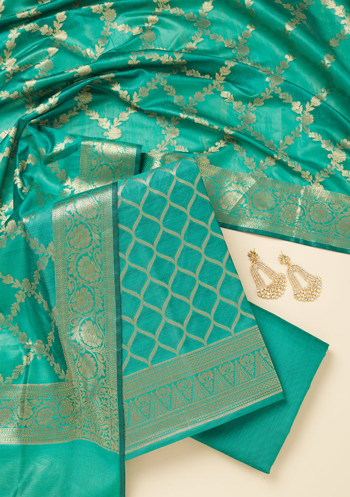Rama Green Silk Gold Zariwork Unstitched Dress Material With Matching Bottom And Dupatta