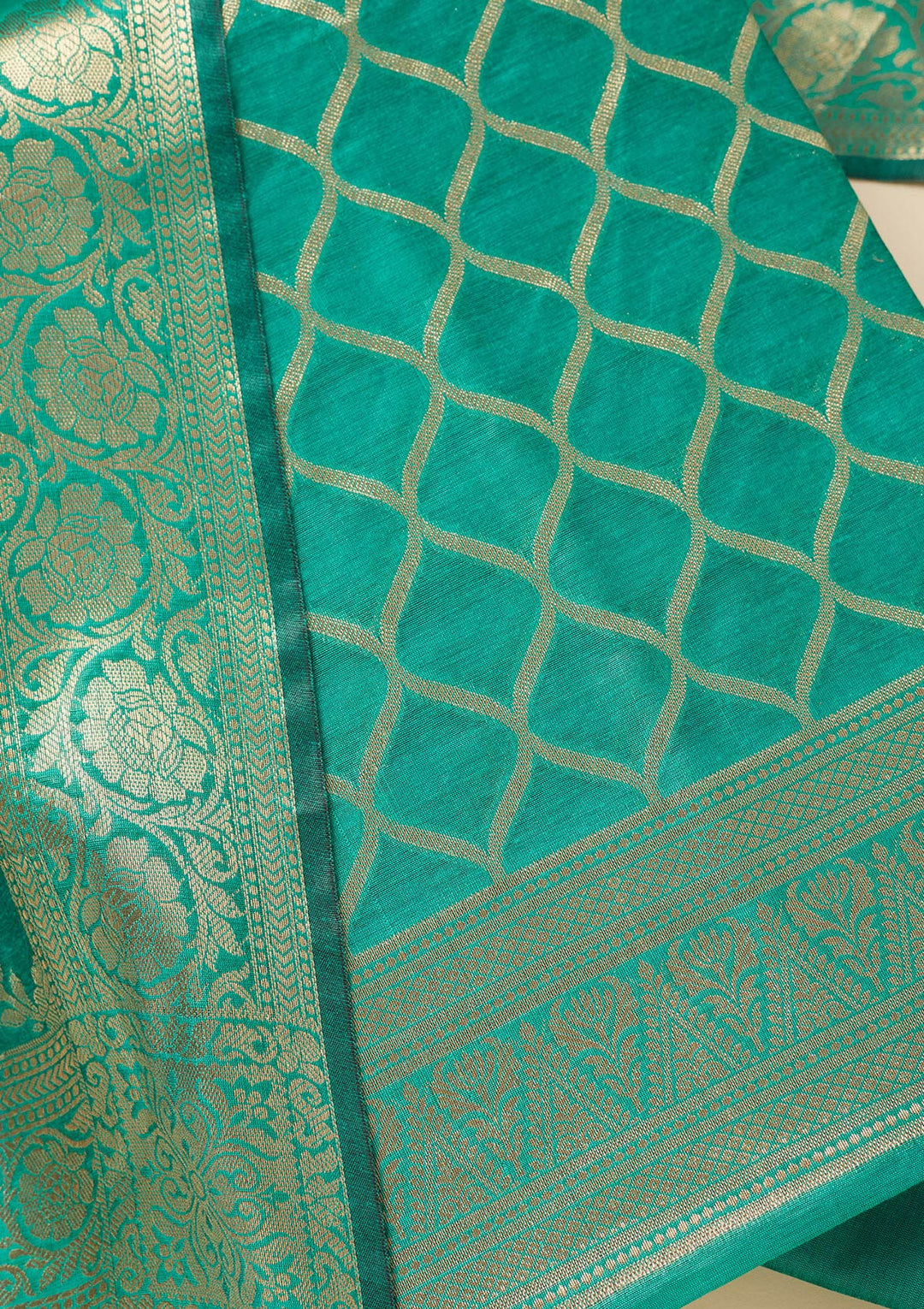 Rama Green Silk Gold Zariwork Unstitched Dress Material With Matching Bottom And Dupatta