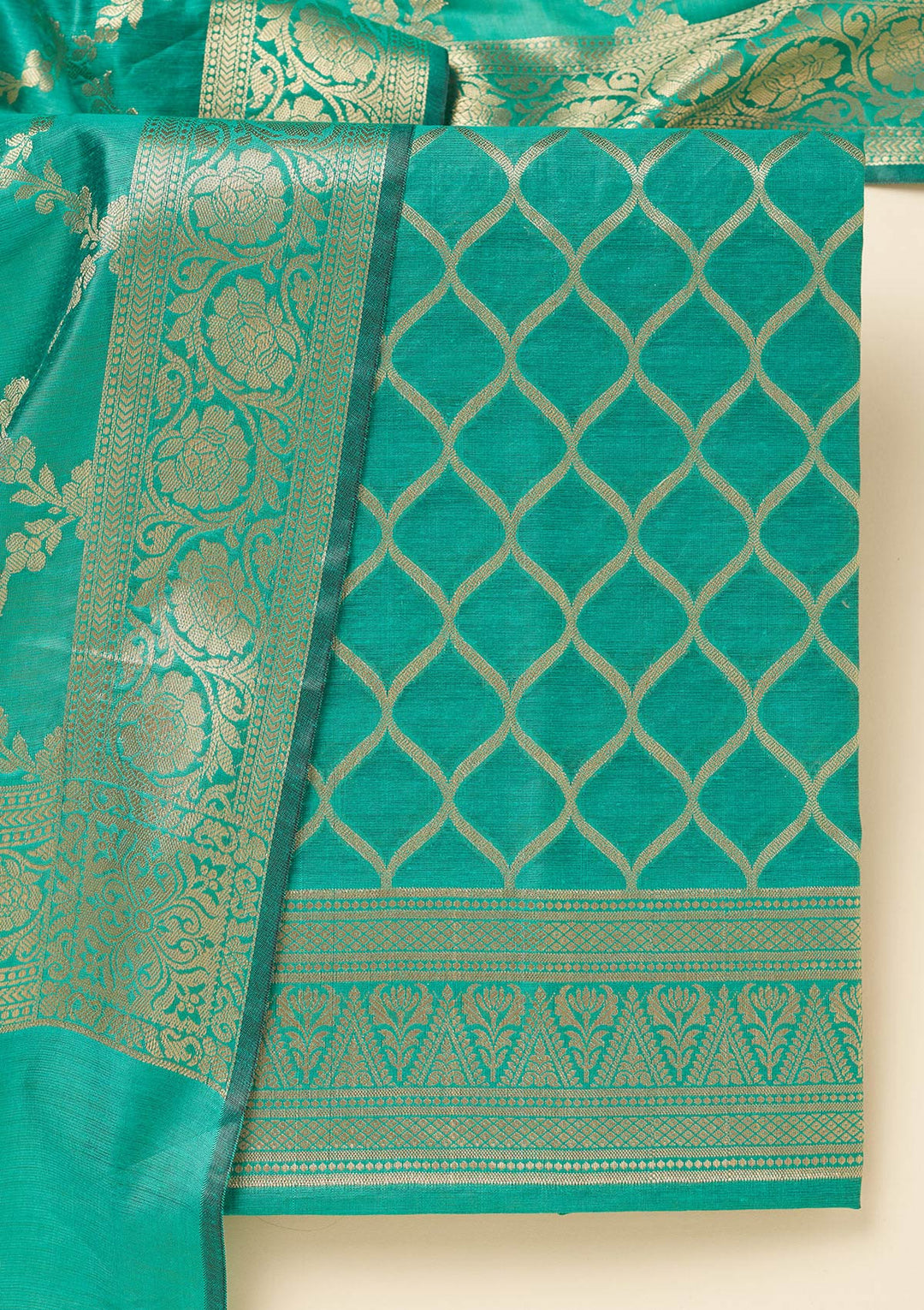 Rama Green Silk Gold Zariwork Unstitched Dress Material With Matching Bottom And Dupatta