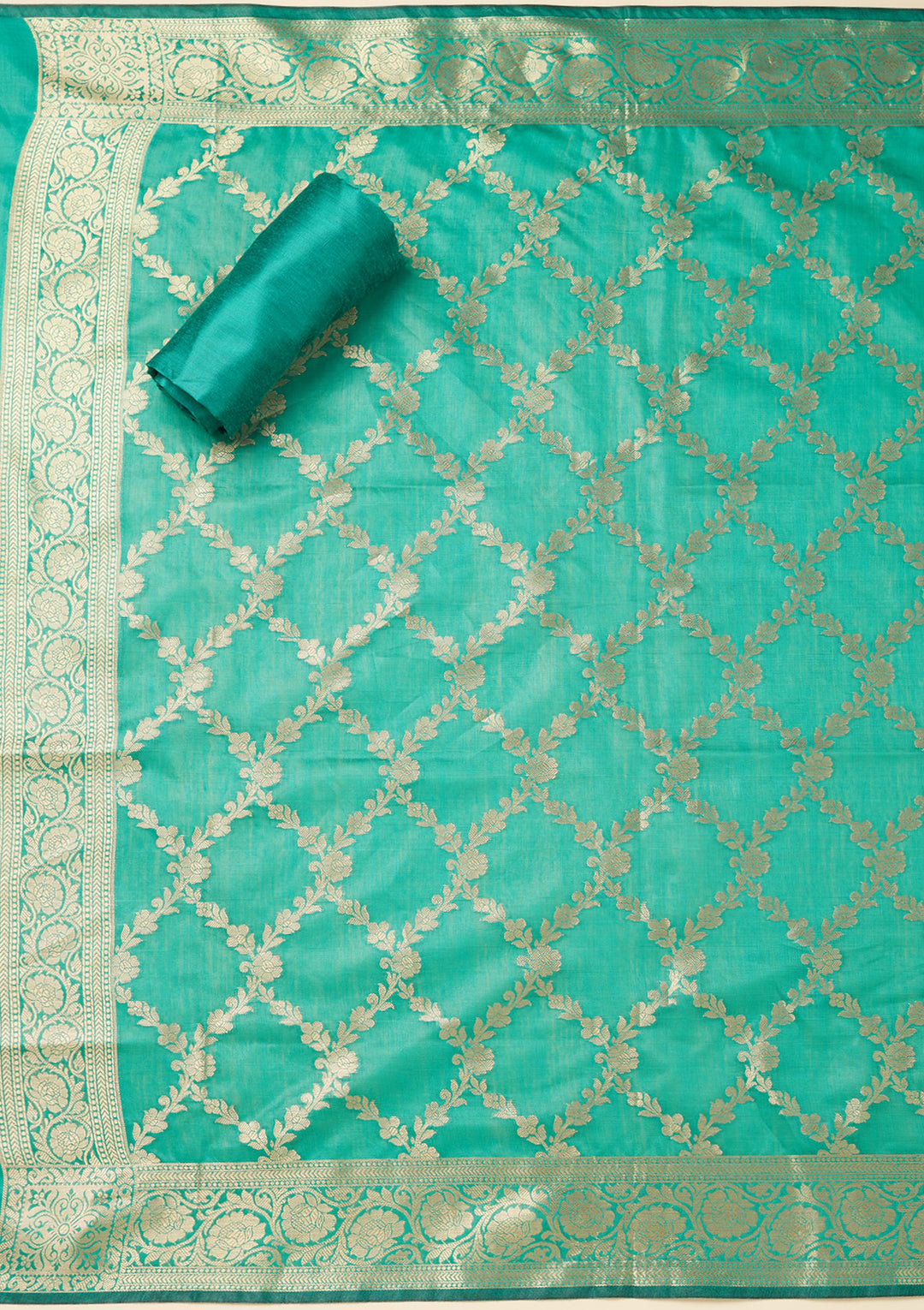 Rama Green Silk Gold Zariwork Unstitched Dress Material With Matching Bottom And Dupatta
