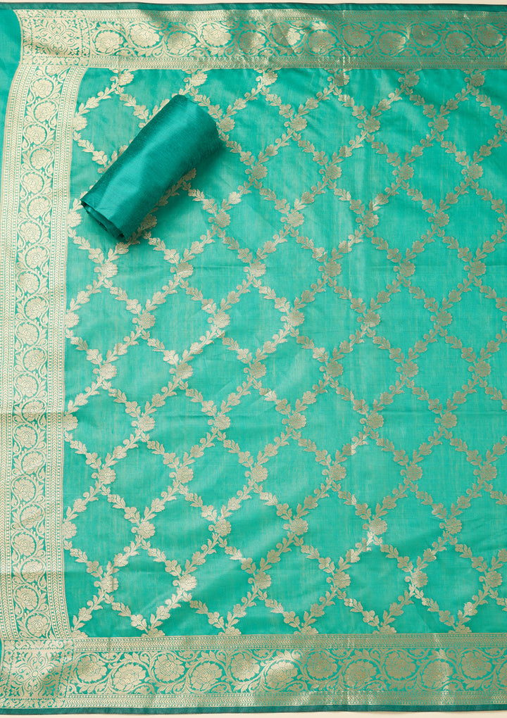 Rama Green Silk Gold Zariwork Unstitched Dress Material With Matching Bottom And Dupatta