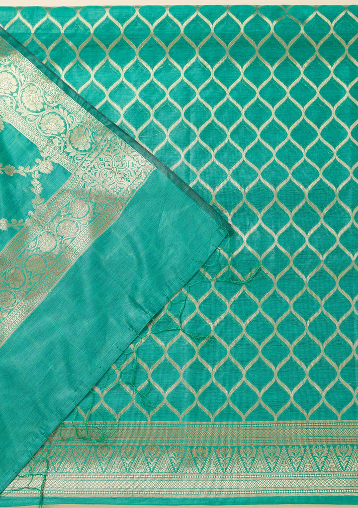 Rama Green Silk Gold Zariwork Unstitched Dress Material With Matching Bottom And Dupatta
