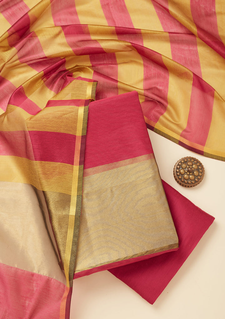 Magenta Pink Tissue Gold Zariwork Unstitched Dress Material With Matching Bottom And Dupatta