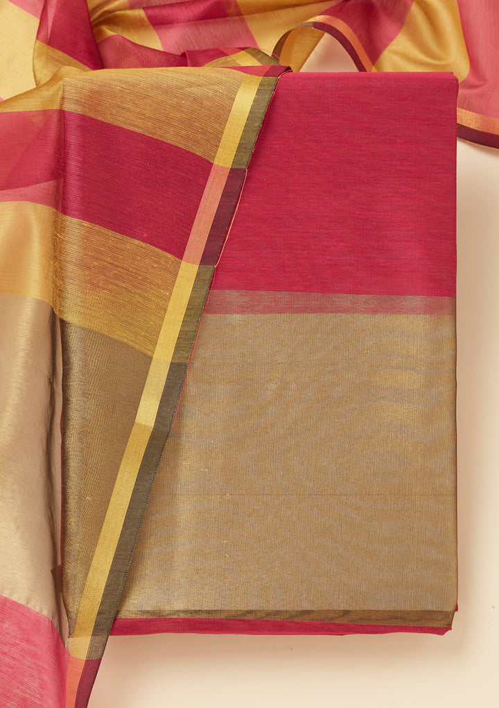 Magenta Pink Tissue Gold Zariwork Unstitched Dress Material With Matching Bottom And Dupatta