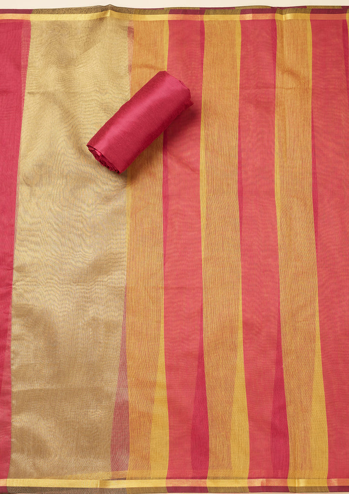 Magenta Pink Tissue Gold Zariwork Unstitched Dress Material With Matching Bottom And Dupatta
