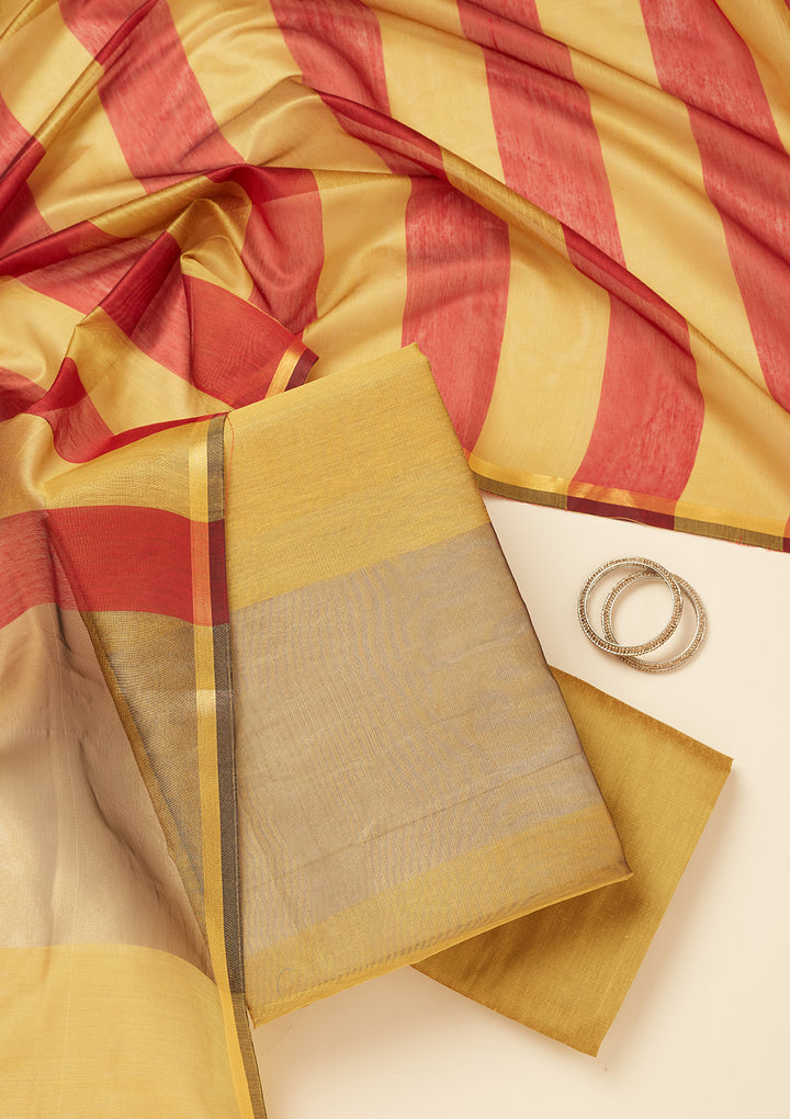 Mehendi Tissue Gold Zariwork Unstitched Dress Material With Matching Bottom And Dupatta