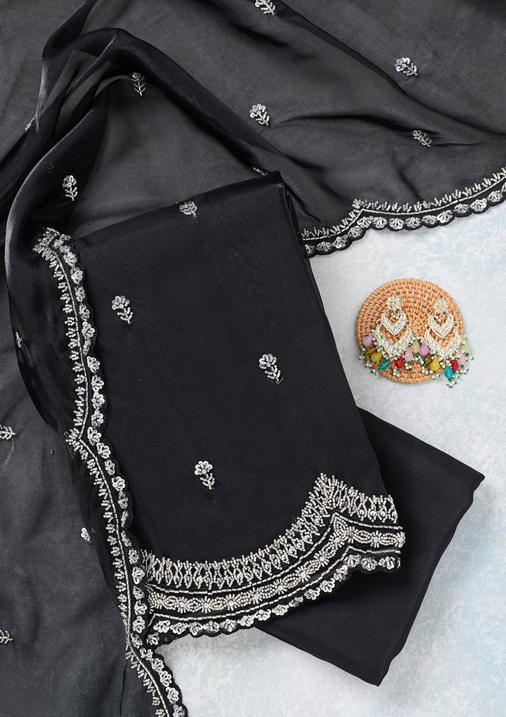 Black Tissue Cutdana Unstitched Dress Material With Matching Bottom And Dupatta