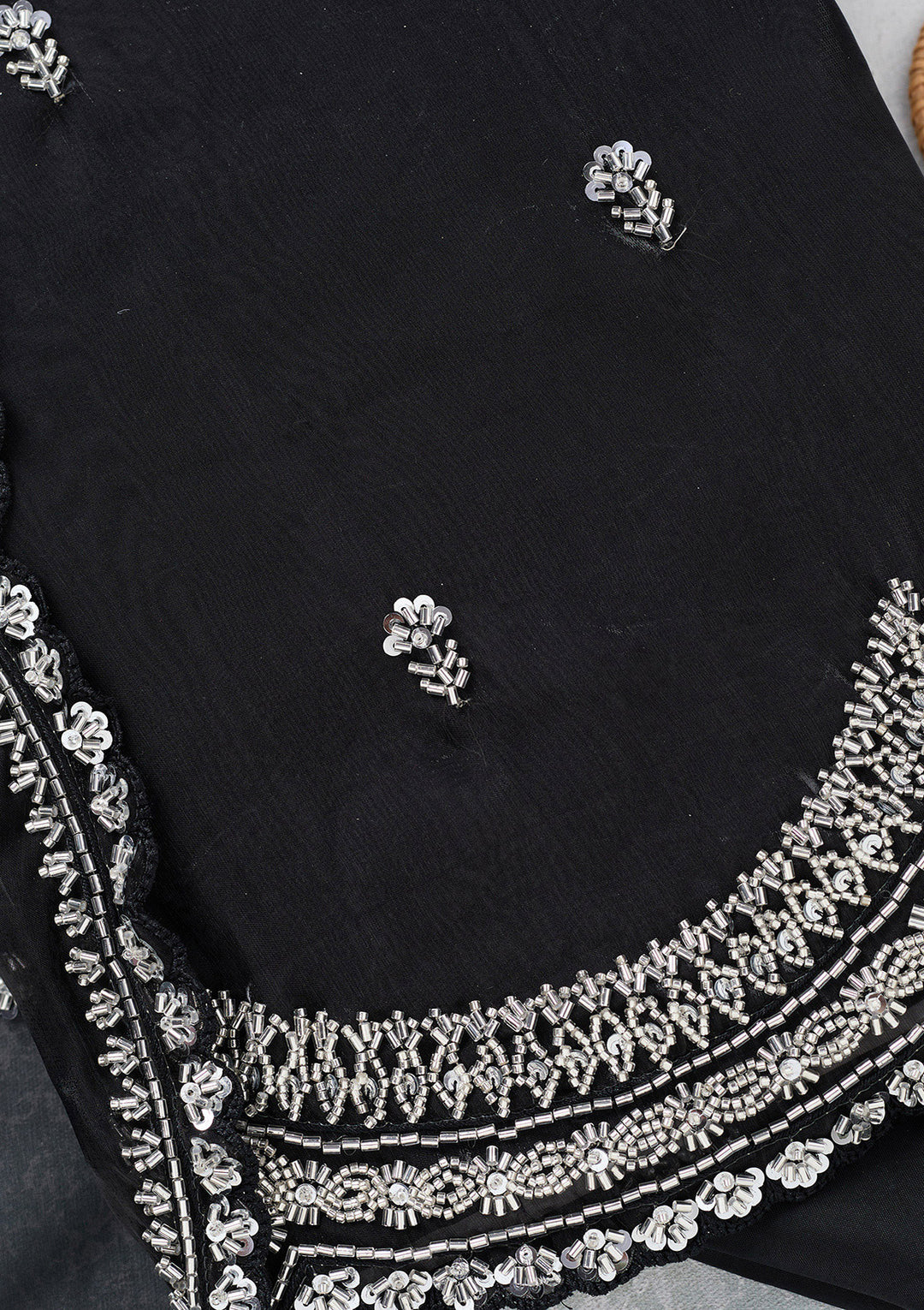 Black Tissue Cutdana Unstitched Dress Material With Matching Bottom And Dupatta