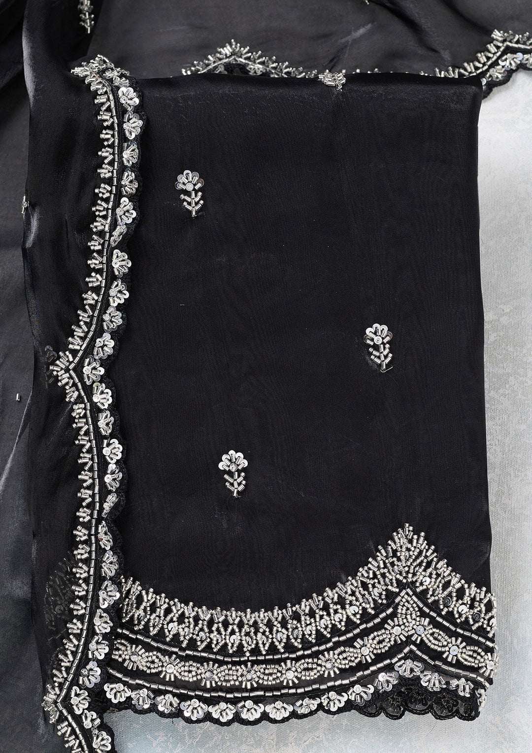Black Tissue Cutdana Unstitched Dress Material With Matching Bottom And Dupatta