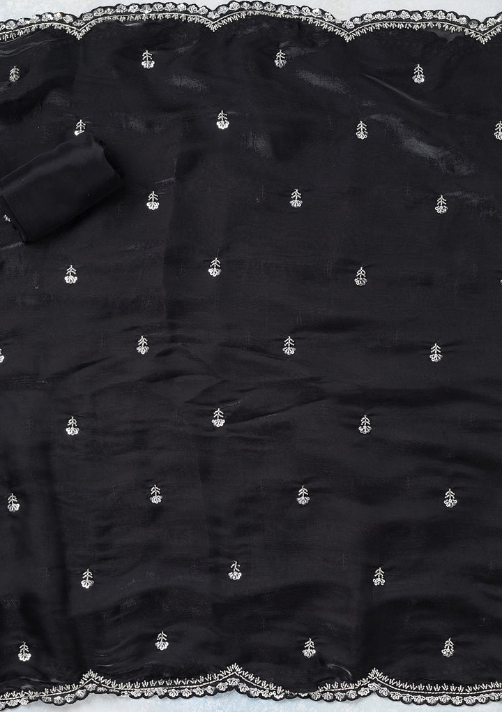Black Tissue Cutdana Unstitched Dress Material With Matching Bottom And Dupatta