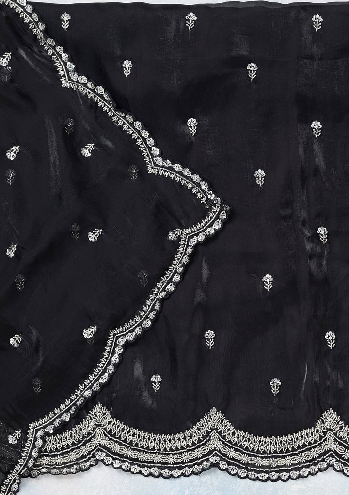 Black Tissue Cutdana Unstitched Dress Material With Matching Bottom And Dupatta