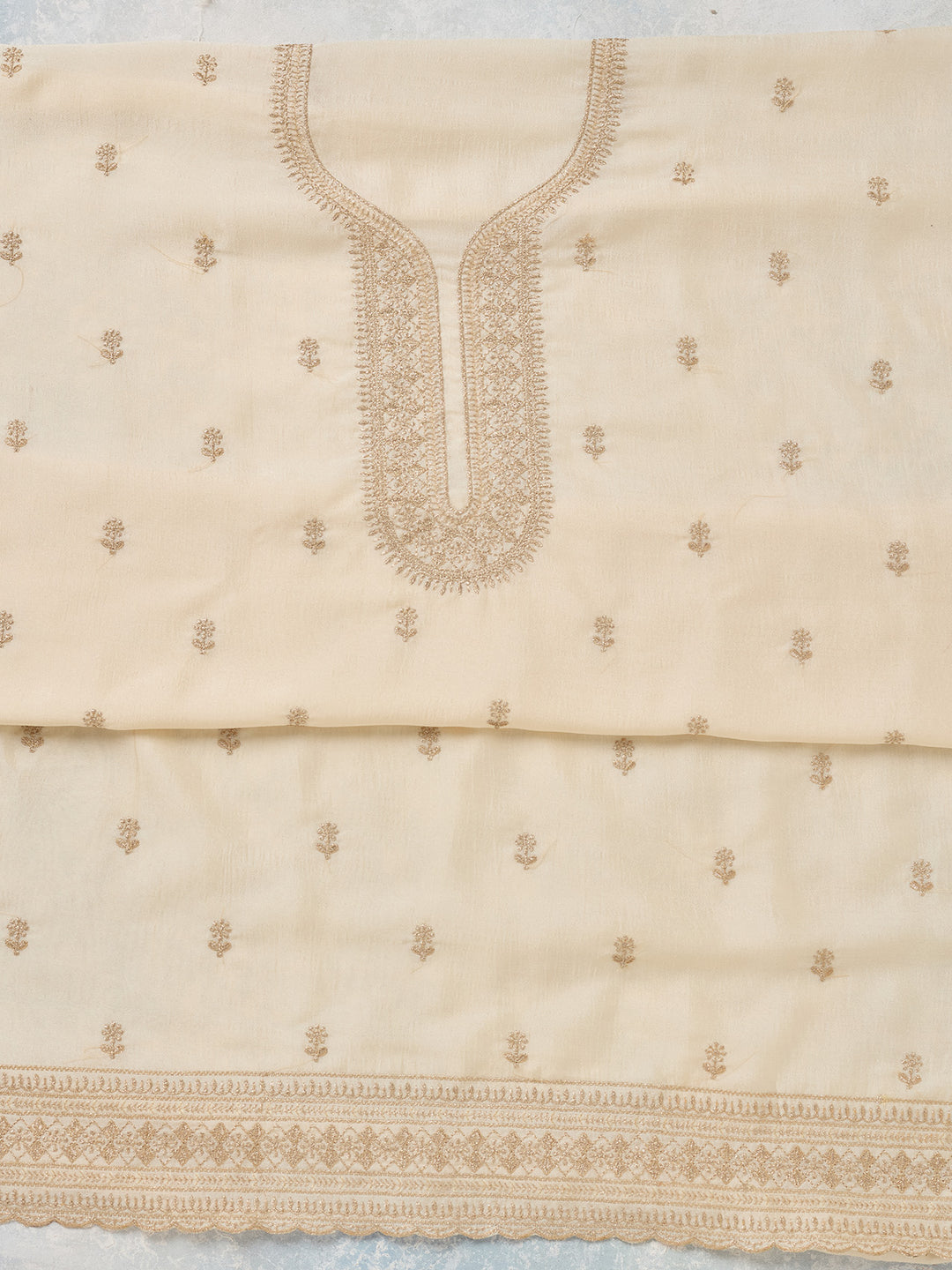 Off White Zariwork (Gold) Soft Raw Silk Unstitched Salwar Suit