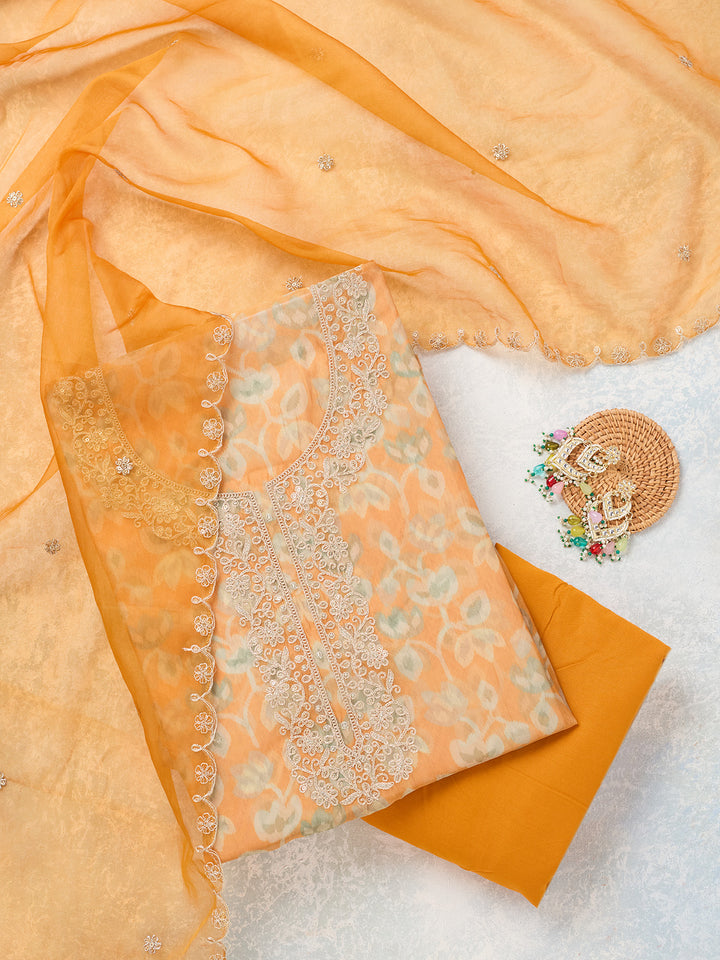 Mustard Tissue Threadwork Unstitched Dress Material With Matching Bottom And Dupatta