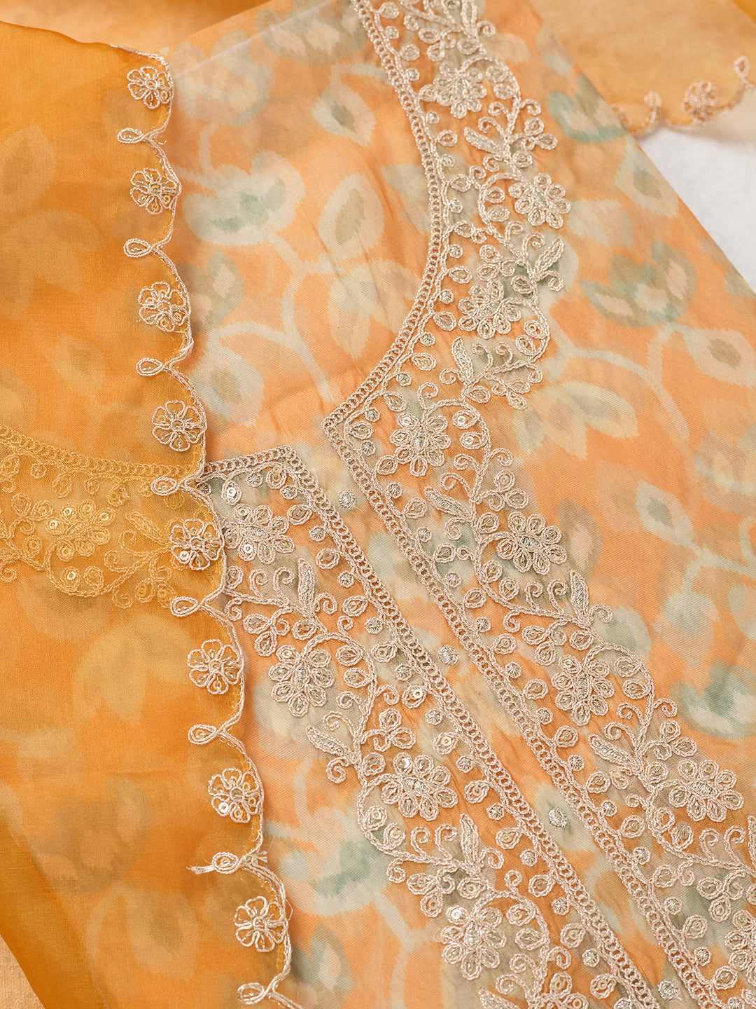 Mustard Tissue Threadwork Unstitched Dress Material With Matching Bottom And Dupatta