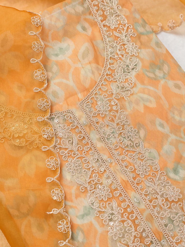 Mustard Tissue Threadwork Unstitched Dress Material With Matching Bottom And Dupatta