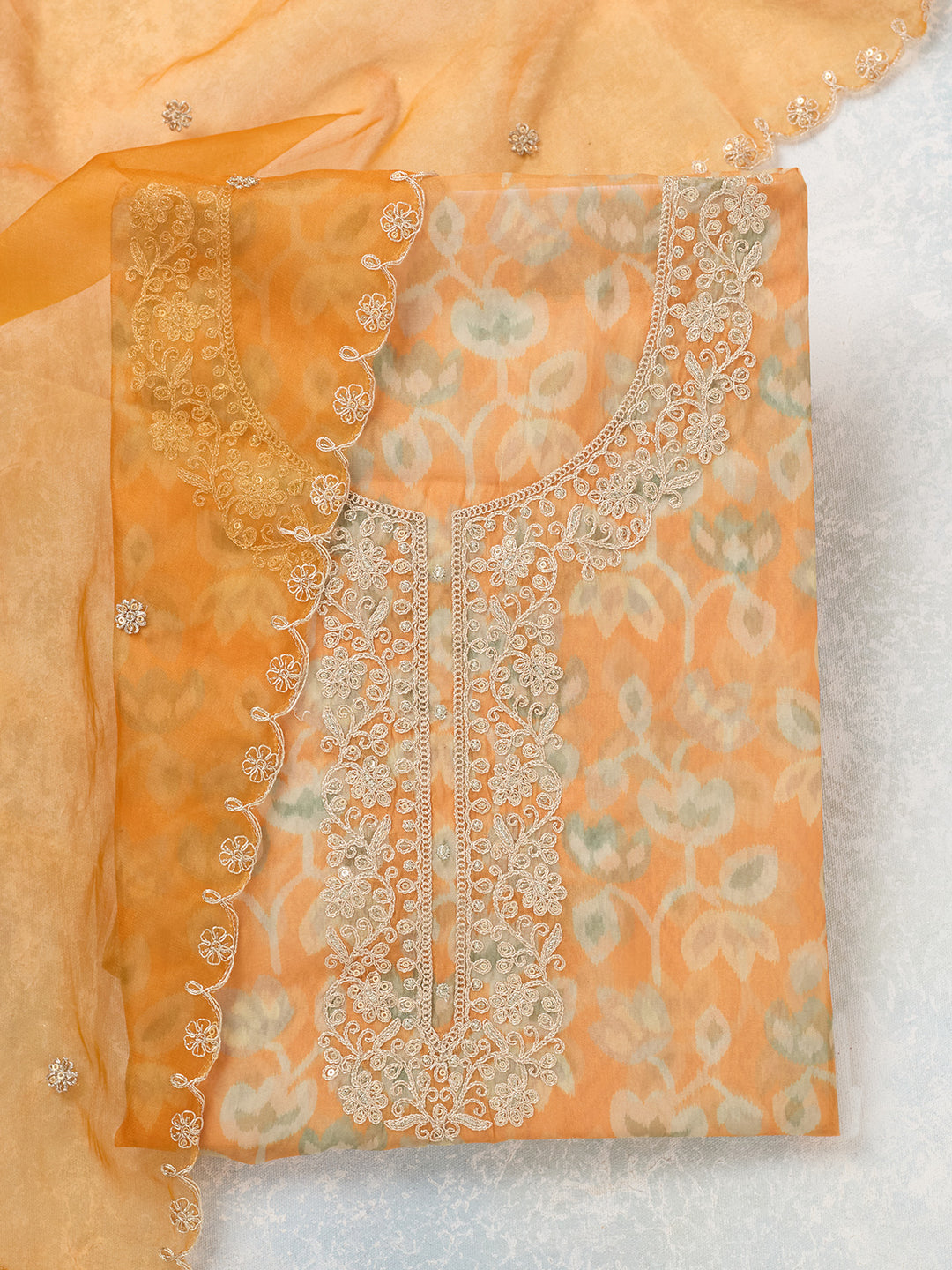 Mustard Tissue Threadwork Unstitched Dress Material With Matching Bottom And Dupatta
