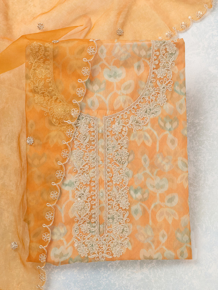 Mustard Tissue Threadwork Unstitched Dress Material With Matching Bottom And Dupatta