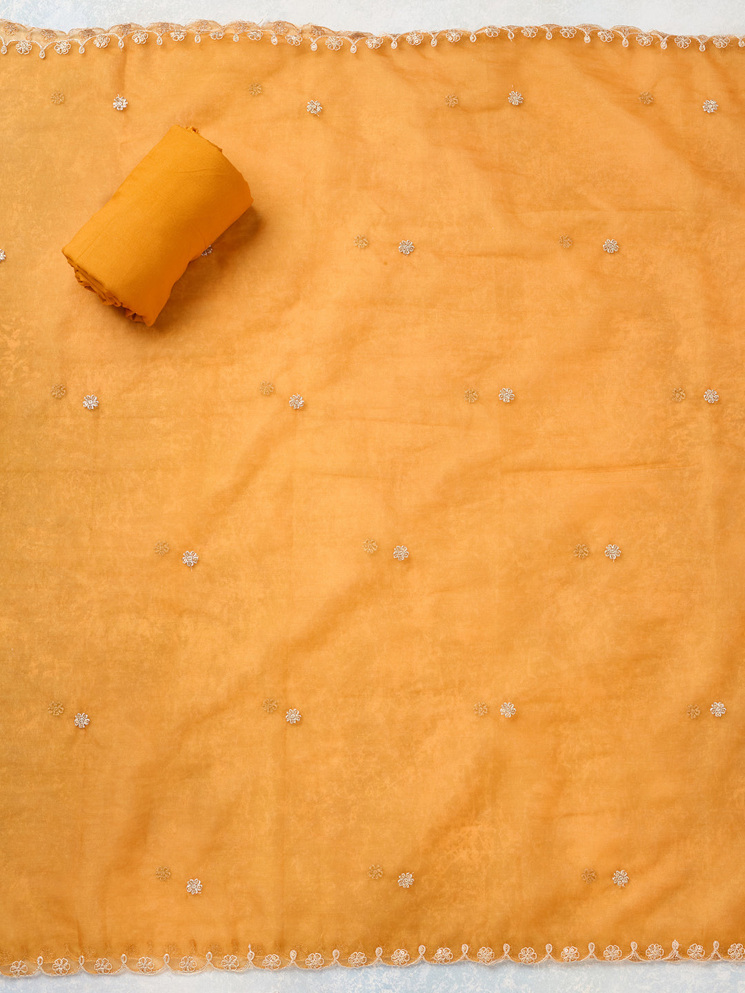 Mustard Tissue Threadwork Unstitched Dress Material With Matching Bottom And Dupatta