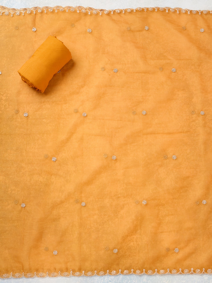Mustard Tissue Threadwork Unstitched Dress Material With Matching Bottom And Dupatta