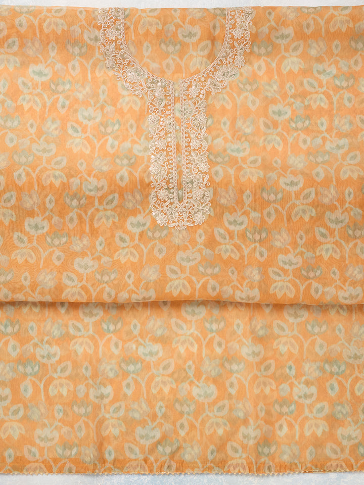 Mustard Tissue Threadwork Unstitched Dress Material With Matching Bottom And Dupatta
