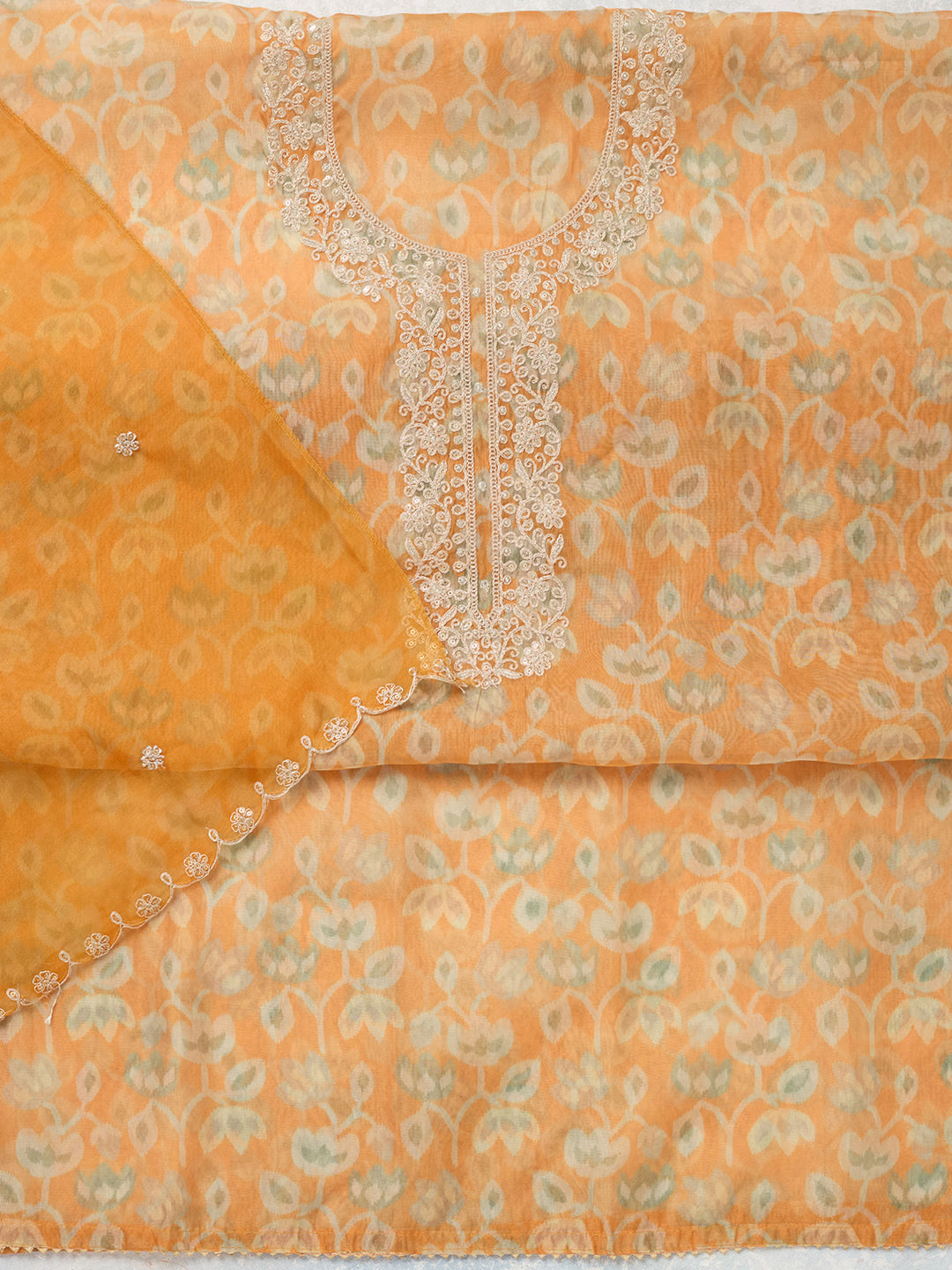 Mustard Tissue Threadwork Unstitched Dress Material With Matching Bottom And Dupatta