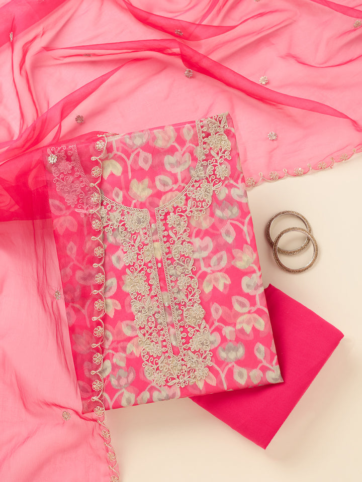 Pink Tissue Threadwork Unstitched Dress Material With Matching Bottom And Dupatta