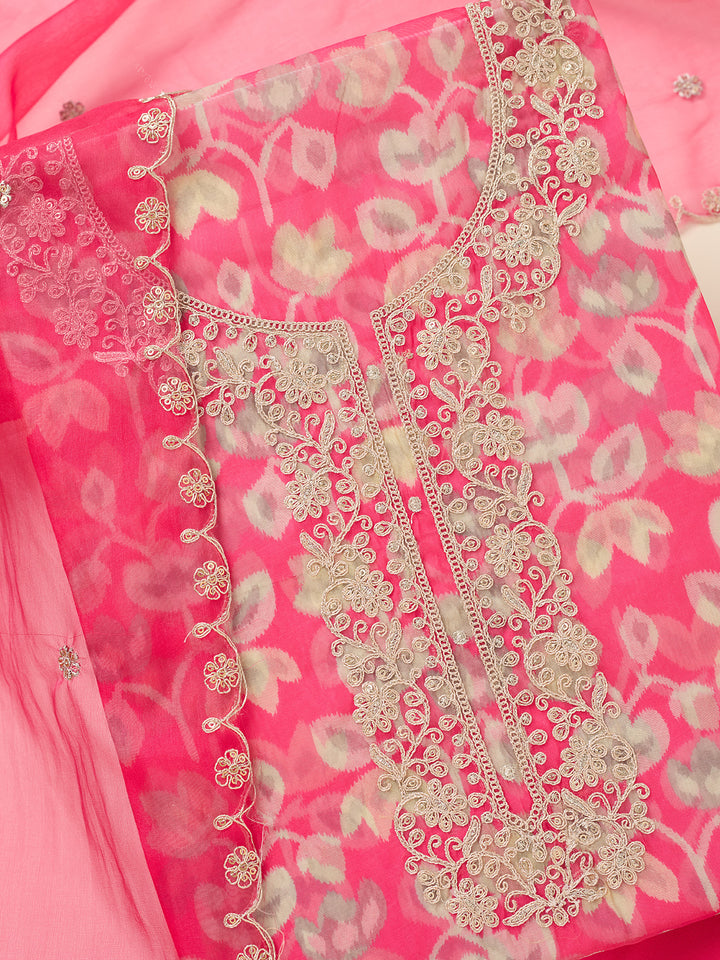 Pink Tissue Threadwork Unstitched Dress Material With Matching Bottom And Dupatta