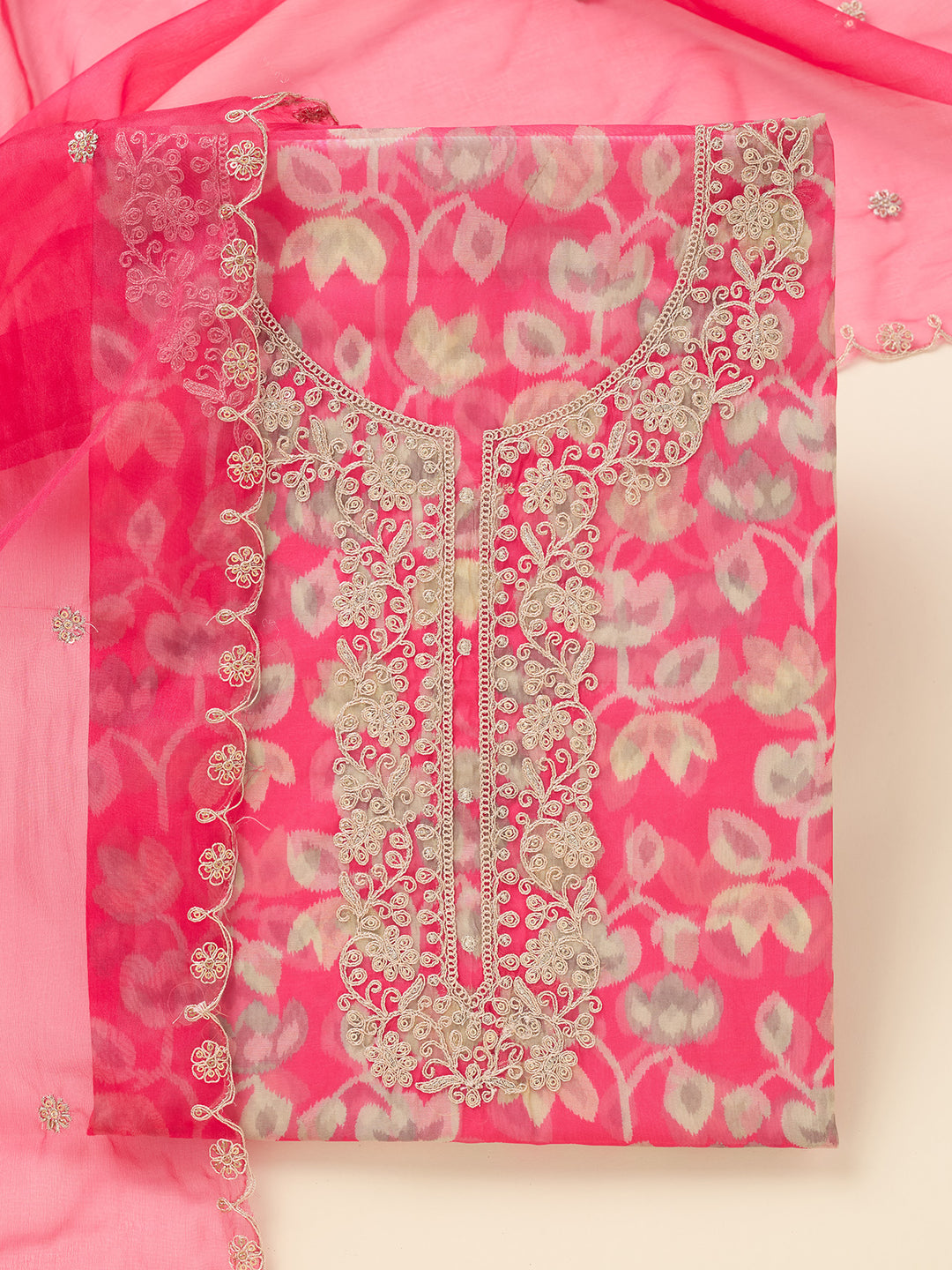 Pink Tissue Threadwork Unstitched Dress Material With Matching Bottom And Dupatta
