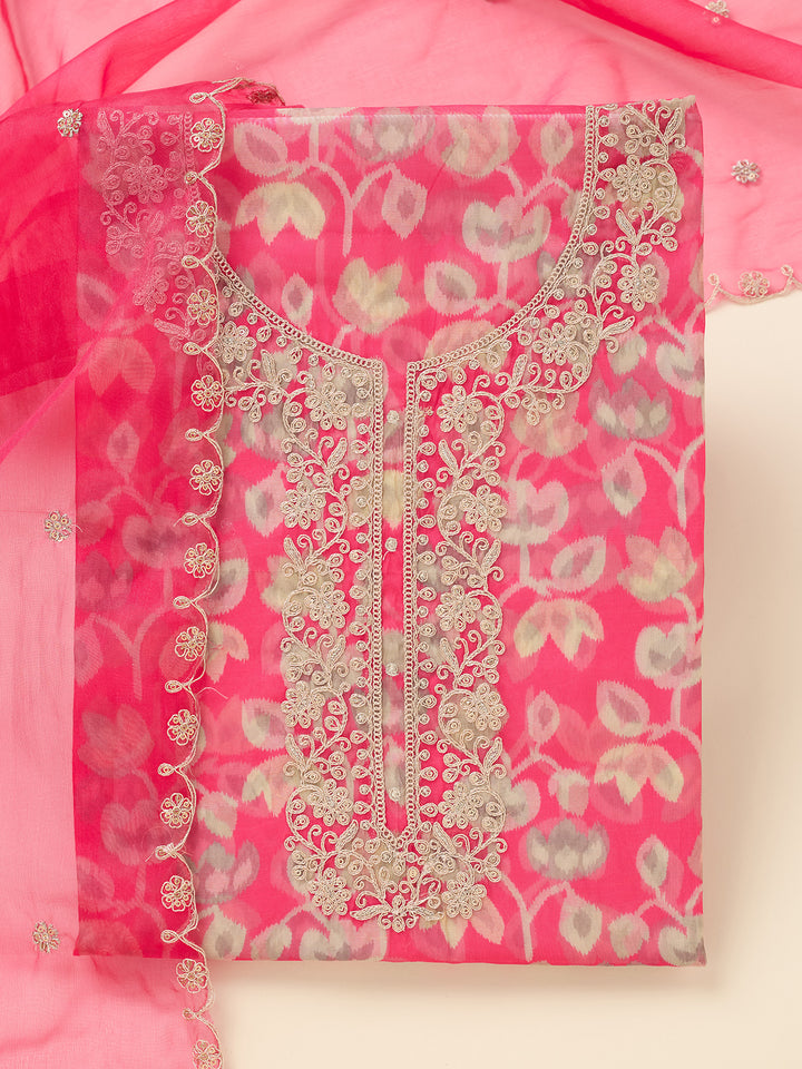 Pink Tissue Threadwork Unstitched Dress Material With Matching Bottom And Dupatta