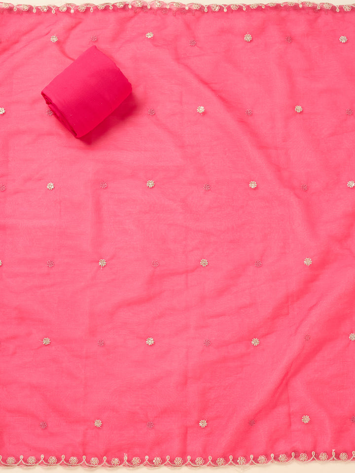 Pink Tissue Threadwork Unstitched Dress Material With Matching Bottom And Dupatta