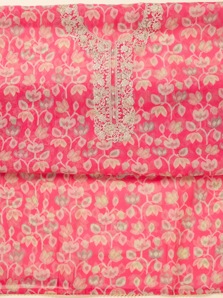 Pink Tissue Threadwork Unstitched Dress Material With Matching Bottom And Dupatta