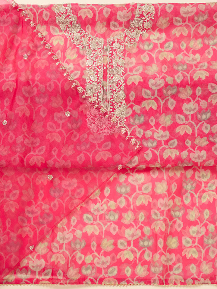 Pink Tissue Threadwork Unstitched Dress Material With Matching Bottom And Dupatta