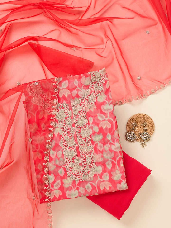 Red Tissue Threadwork Unstitched Dress Material With Matching Bottom And Dupatta