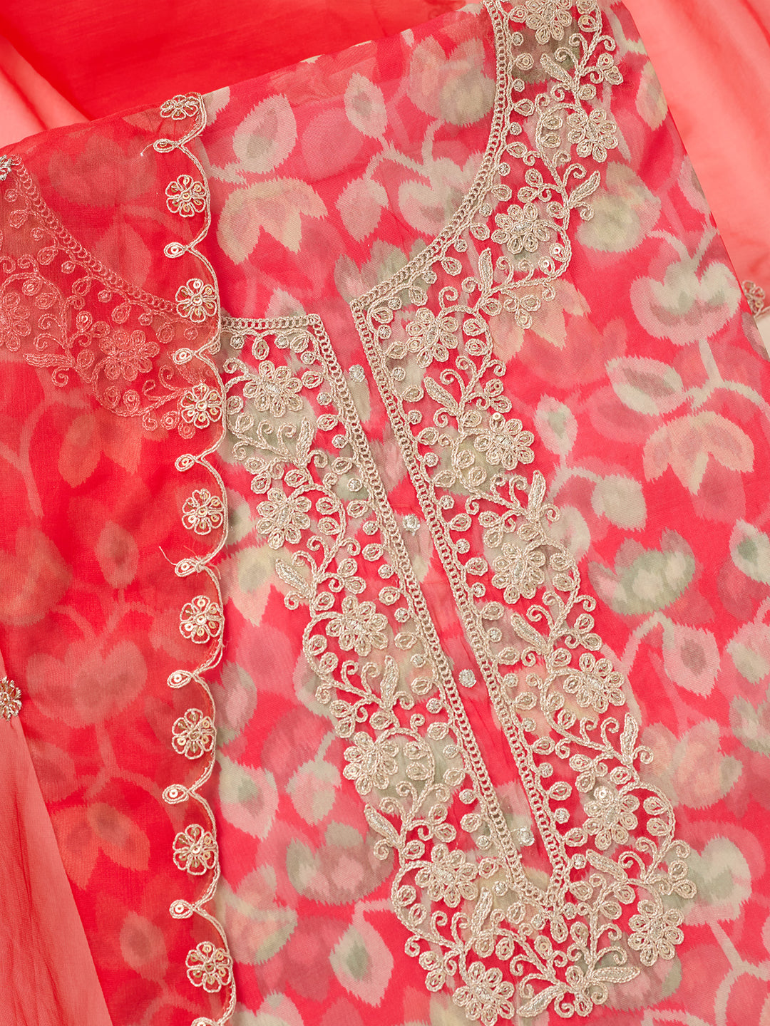Red Tissue Threadwork Unstitched Dress Material With Matching Bottom And Dupatta