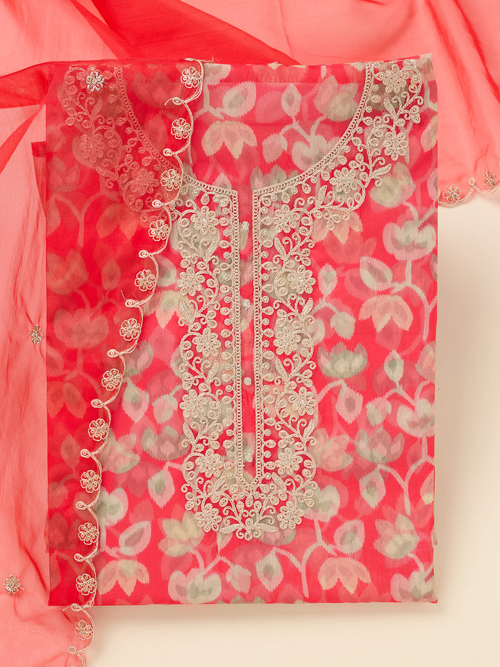 Red Tissue Threadwork Unstitched Dress Material With Matching Bottom And Dupatta