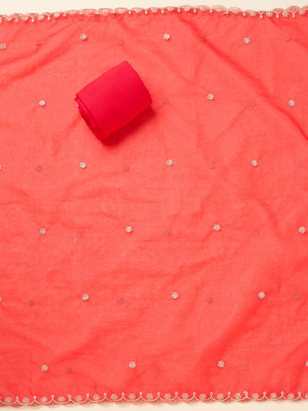Red Tissue Threadwork Unstitched Dress Material With Matching Bottom And Dupatta