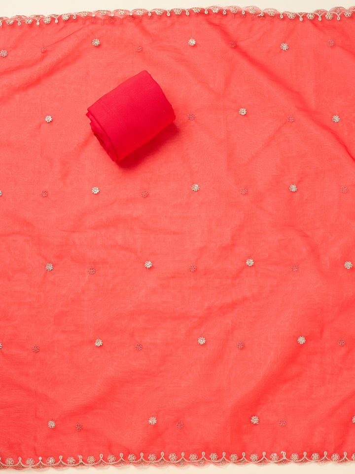 Red Tissue Threadwork Unstitched Dress Material With Matching Bottom And Dupatta