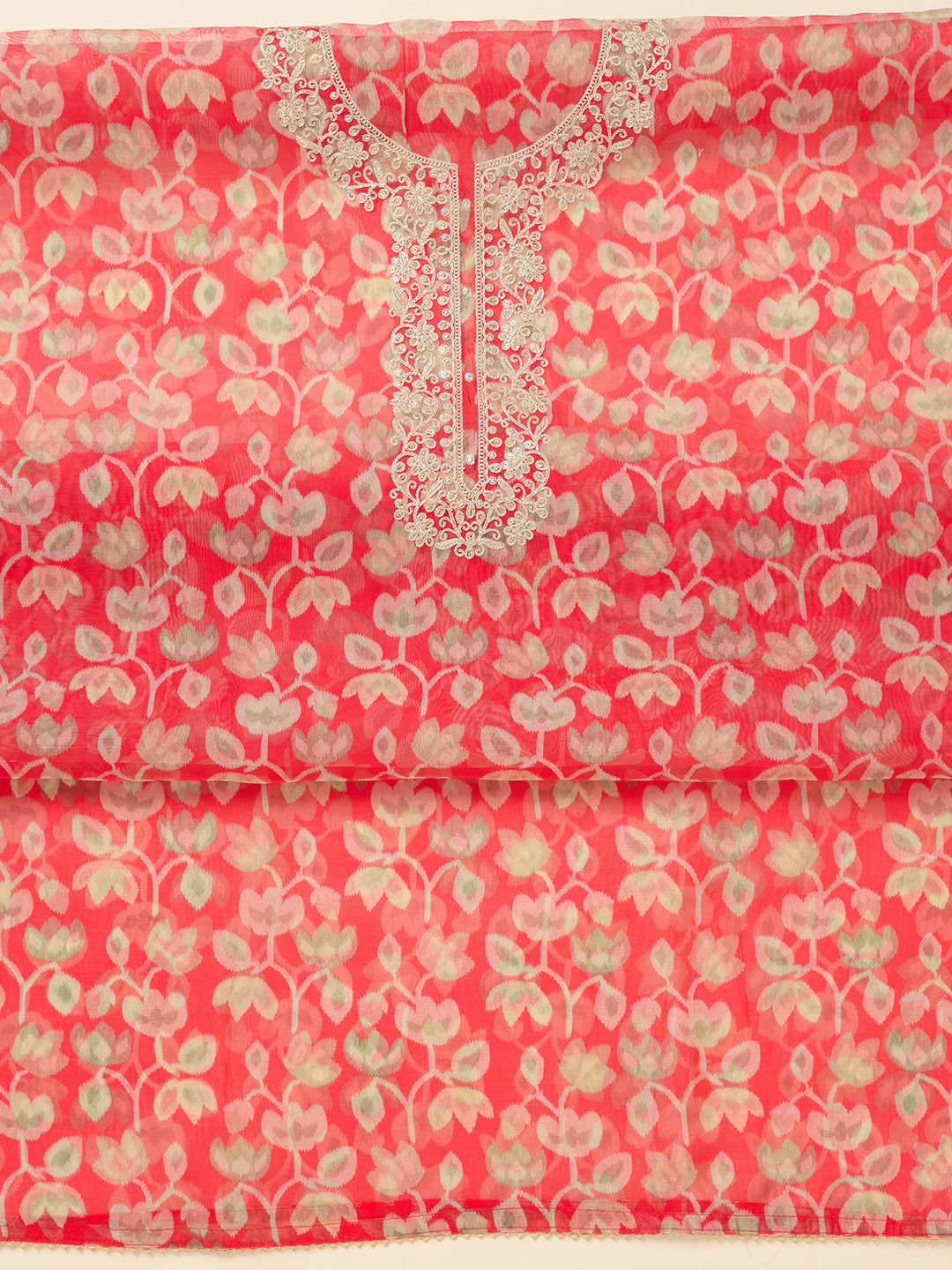Red Tissue Threadwork Unstitched Dress Material With Matching Bottom And Dupatta