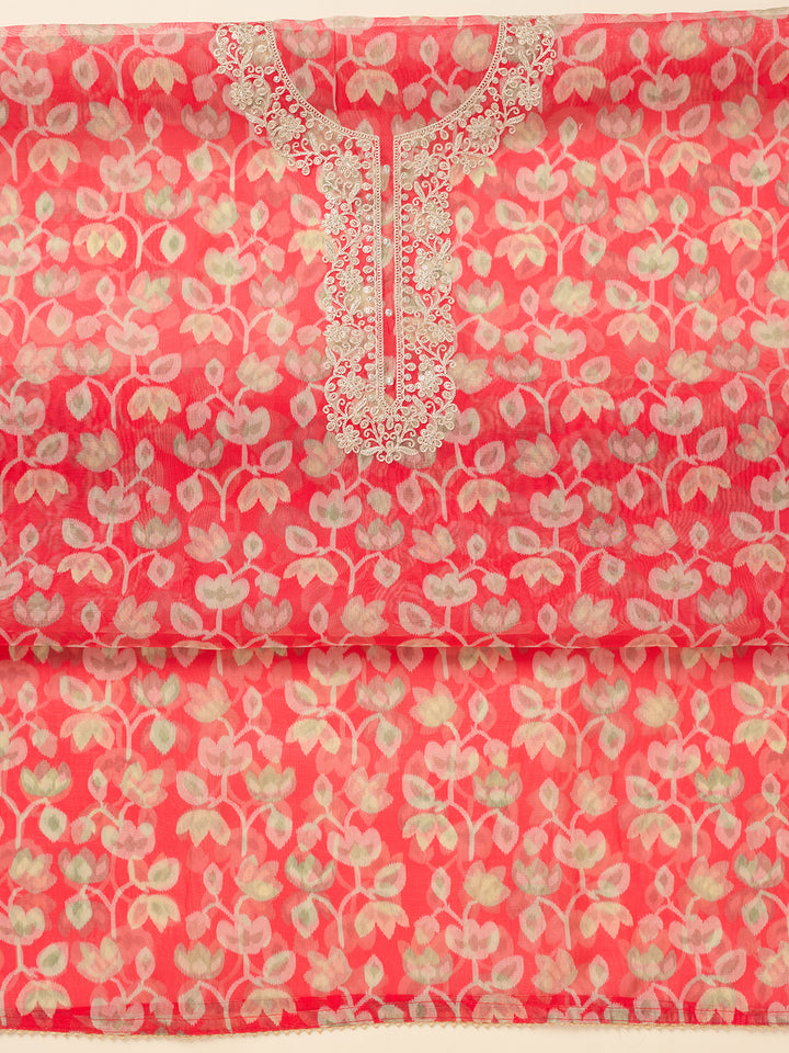 Red Tissue Threadwork Unstitched Dress Material With Matching Bottom And Dupatta