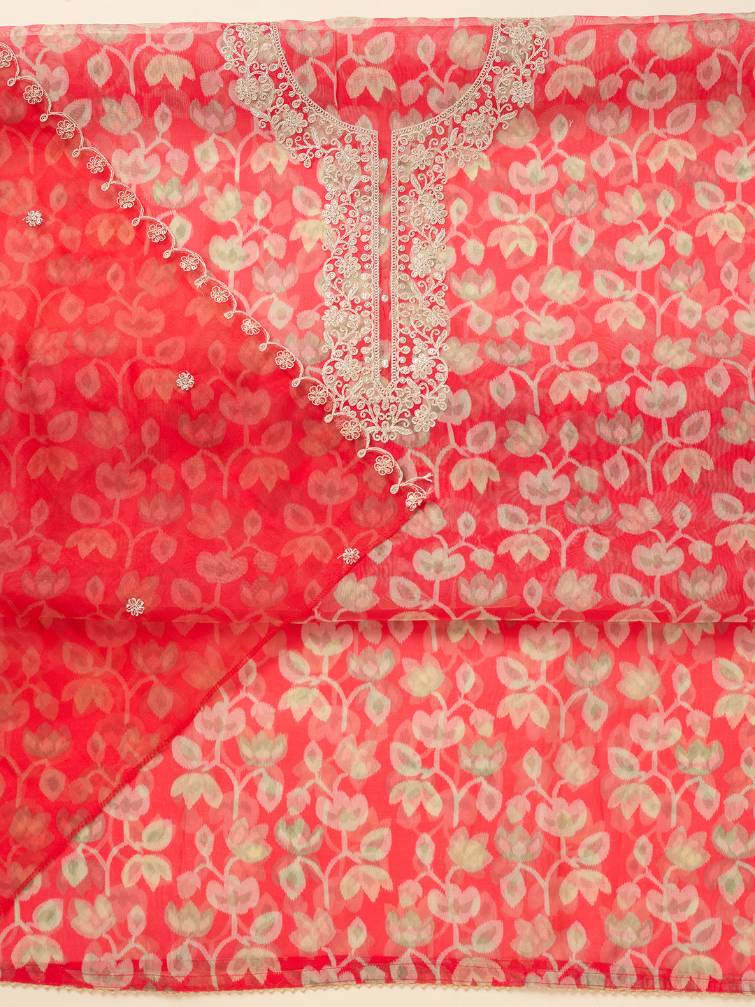 Red Tissue Threadwork Unstitched Dress Material With Matching Bottom And Dupatta