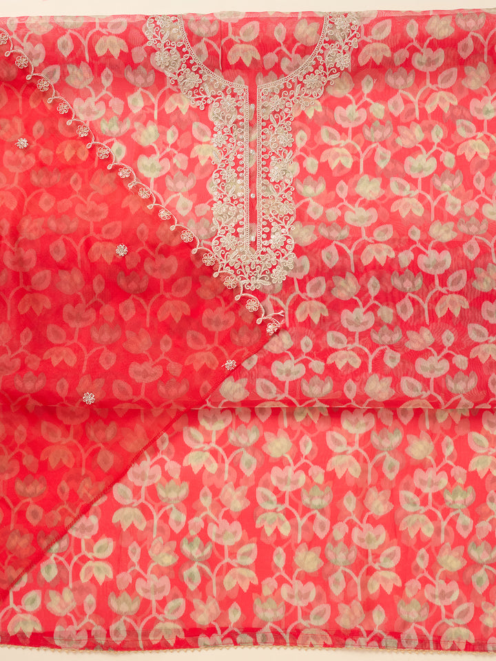 Red Tissue Threadwork Unstitched Dress Material With Matching Bottom And Dupatta